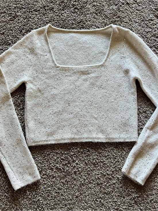 Sweaters - Square-Neck Sequin Knit Crop Sweater - Cream